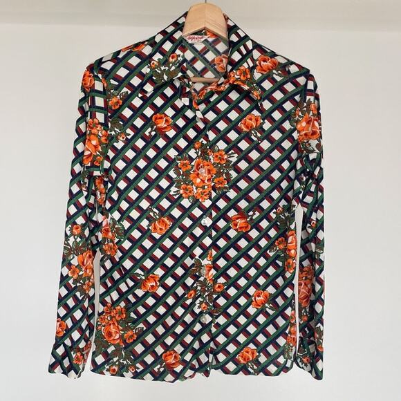 Vtg 70's Colorful Floral Geo Patterned Button Up Shirt Dagger Collar Sz 36 Retro - Picture 1 of 12
